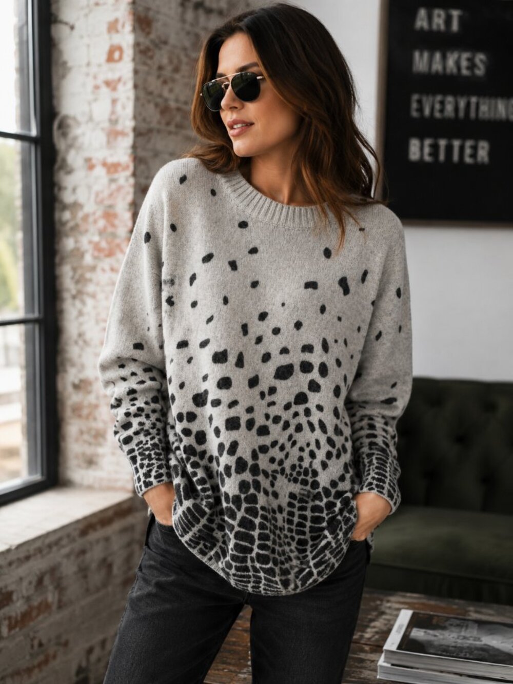 Marina Rinaldi Sport Alpaca Wool Sweater Abstract Print Knit Top NWT Size M